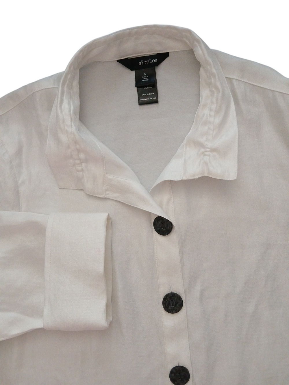 Ali Miles White Shimmer Tunic Wire Collar 3/4 Sleeve Black Button Women Large